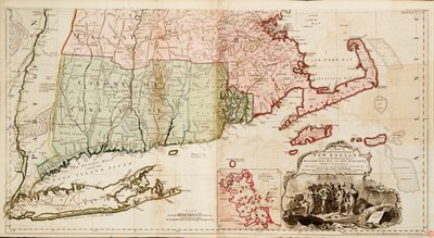 Mapa de la parte más habitada de Nueva Inglaterra, que contiene las provincias de Massachusetts Bay y New Hampshire con las colonias de Connecticut y Rhode Island. de Thomas Jefferys