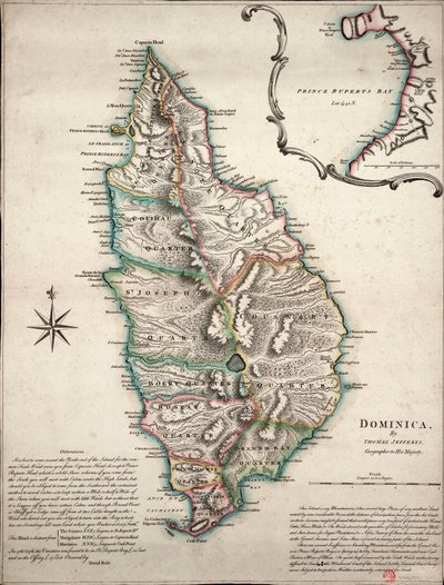 Mapa en color de Dominica con observaciones geográficas detalladas, c.1760 (grabado coloreado a mano) de Thomas Jefferys