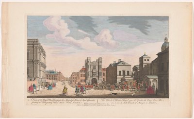 Gezicht op het Banqueting House en Horse Guards Building te Londen Una vista de los edificios reales, para los guardias a pie y a caballo de Su Majestad, frente al Banqueting House White Hall, Londres (título sobre el objeto) de Thomas Jefferys