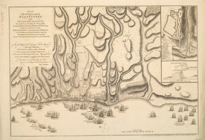 PLAN DEL ATAQUE CONTRA BASSETERRE EN LA ISLA DE GUADALOUPE POR UNA ESCUADRA DE BUQUES DE GUERRA DE SU MAJESTAD MANDO POR EL COMODOR MOORE EL 22 DE ENERO DE 1759, TAMBIEN LOS INCAMBIOS DEL EJÉRCITO BRITÁNICO MANDO POR EL GENERAL HOPSON, Y LA INTRENCHEMBRE F de Thomas Jefferys