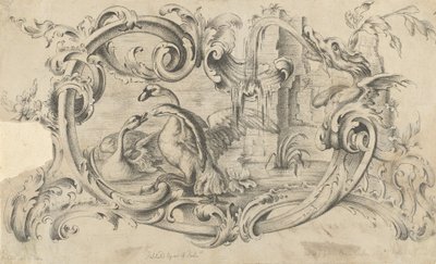 Diseño para una Tableta para una Chimenea con Dos Cisnes en Combate, Encerrados dentro de un Pergamino de Thomas Johnson