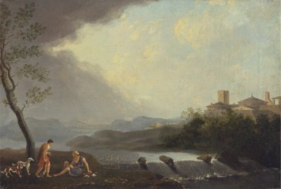 Un paisaje italiano imaginario con figuras clásicas y una cascada de Thomas Jones