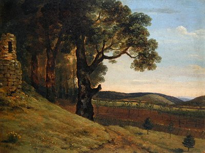 Paisaje galés con robles junto a una ruina de Thomas Jones