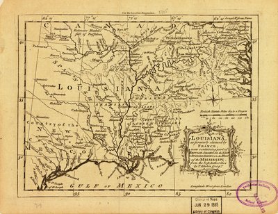 Luisiana, reclamada antiguamente por Francia, que ahora contiene parte de la América británica al este y de la América española al oeste del Mississippi. LOC 77690498 de Thomas Kitchin