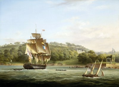 Una fragata real y otros barcos en la bahía de Barn, frente a Plymouth, Inglaterra, frente al monte Edgcumbe. Óleo sobre lienzo, c. 1830-55, de Thomas Lyde Hornbrook (1808-1855). de Thomas L. Hornbrook