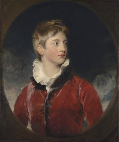 Retrato de Frederick William Stewart, 4º Marqués de Londonderry, K.P., M.P. (1805-1872) cuando era niño, medio cuerpo, con un abrigo rojo, en un óvalo fingido de Thomas Lawrence