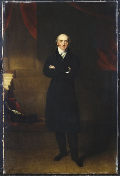 Retrato de George Canning, de cuerpo entero, de pie con un abrigo negro en un interior, con los brazos cruzados de Thomas Lawrence