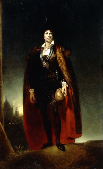 Retrato de John Kemble como Hamlet, de pie a cuerpo completo en un paisaje, con una capa y sosteniendo una calavera de Thomas Lawrence