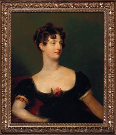 Retrato de Lady Beresford, sentada, medio cuerpo con un vestido negro decorado con una rosa de Thomas Lawrence