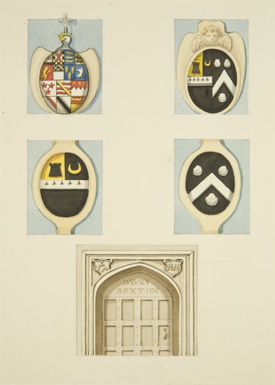 Escudos de armas y enjutas sobre la puerta en la casa del sacristán en Whitson Court de Thomas Leeson the Elder Rowbotham