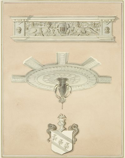 Detalles de la sala en la Biblioteca de Derecho, incluyendo colgante central del techo y cornisa de Thomas Leeson the Elder Rowbotham