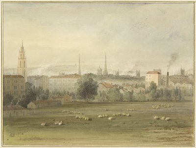 Cerca de Stokes Croft con una vista del horizonte de Bristol (sitio del ascenso en globo de Sadler y Clayfield en 1810) de Thomas Leeson the Elder Rowbotham