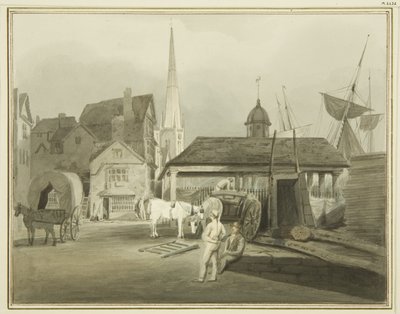 Extremo noreste de King Street, mostrando el Mercado Galés en 1802 de Thomas Leeson the Elder Rowbotham