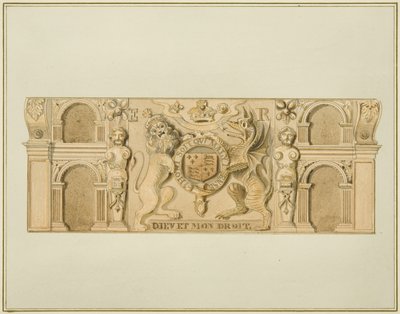 Escudo de armas de la Reina Isabel en roble, anteriormente en una casa en el extremo suroeste de Clare Street de Thomas Leeson the Elder Rowbotham