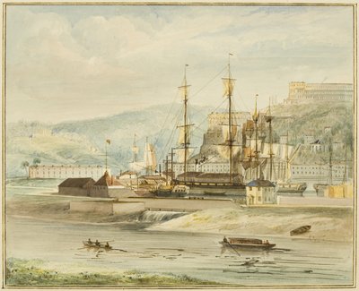 La presa de Overfall, cerca del muelle flotante y la cuenca de Cumberland de Thomas Leeson the Elder Rowbotham