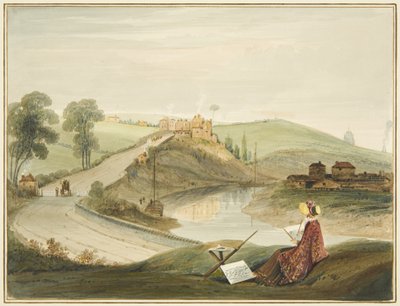 Totterdown y Pile Hill desde Bath Road, mostrando el peaje de Brislington (con una señorita Braikenridge? dibujando) de Thomas Leeson the Elder Rowbotham