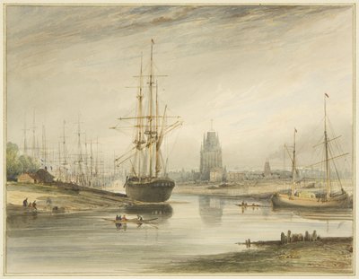 Vista río arriba, tomada desde abajo del Rope Walk y Wapping, c.1804 de Thomas Leeson the Elder Rowbotham