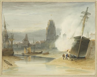 Vista de St Mary Redcliffe desde el deslizamiento de Gibb antes de la formación del Puerto Flotante, también mostrando la limpieza del fondo de un barco de Thomas Leeson the Elder Rowbotham