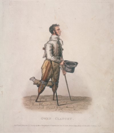 Owen Clancy, mendigando con su sombrero en la mano, con muletas y dispositivos atados a sus piernas, 1820 de Thomas Lord Busby