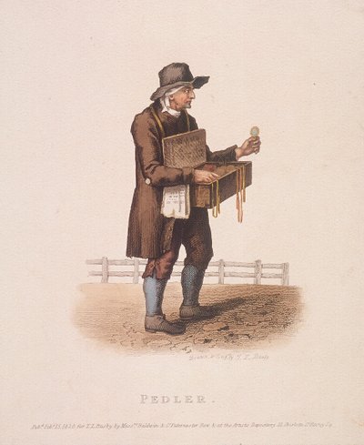 Vendedor ambulante con su caja de mercancías colgada al cuello de Thomas Lord Busby
