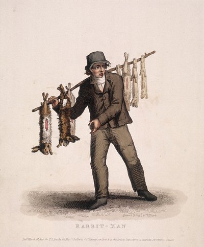 Vendedor de conejos llevando un palo con conejos colgados de Thomas Lord Busby