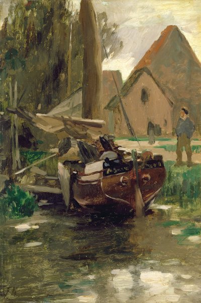 Pequeño puerto con un barco de Thomas Ludwig Herbst