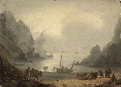 Una entrada de Devonshire con pescadores descargando su captura en la orilla, c.1804 de Thomas Luny