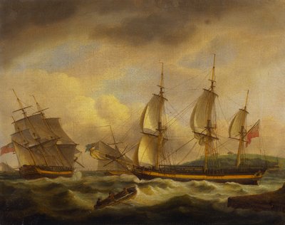Un barco mercante en dos posiciones por un estuario en la costa suroeste de Thomas Luny