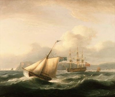 Un barco de dos cubiertas anclado en el puerto de Torbay, con un cúter en primer plano de Thomas Luny
