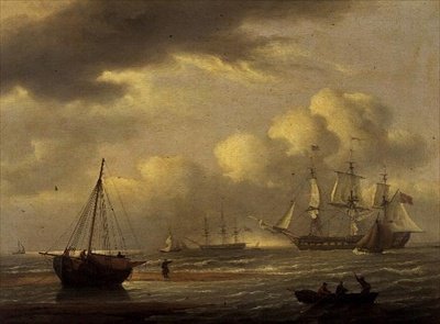 Un Indiaman en espera, y botes en la costa sur de Thomas Luny