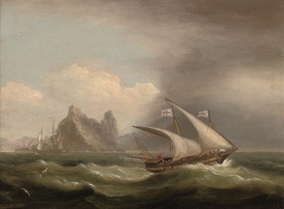 Un xebec armado en el Mediterráneo, una fragata británica a su popa y pasando por una costa rocosa, 1822 de Thomas Luny