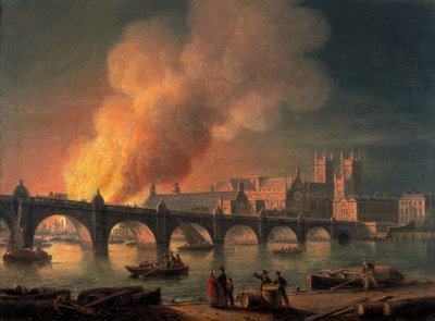 Puente de Westminster y el incendio de las Casas del Parlamento desde Lambeth, 1835 de Thomas Luny