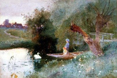 Niños en una barca al atardecer de Thomas Mackay