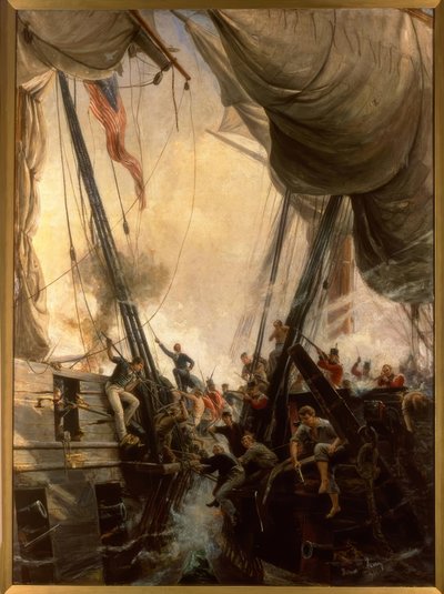 Shannon y Chesapeake en combate cercano, 1813 / Pint. por Hemy, 1895 de Thomas Marie Hemy