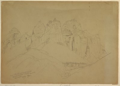Dibujo, Río Virgen con grandes formaciones rocosas, 1873 de Thomas Moran