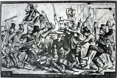 Caricatura que representa los disturbios en Nueva York en el Día de San Patricio de 1867, publicada en Harper
