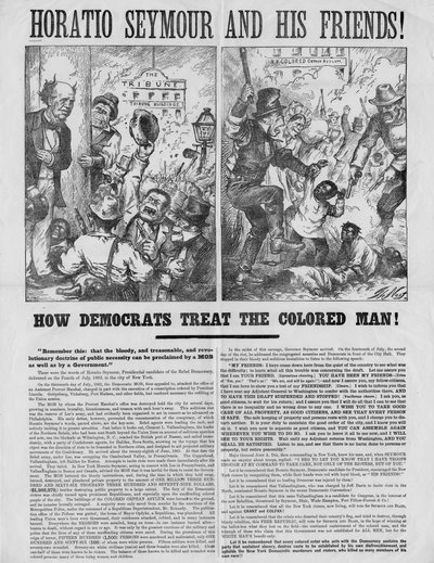 Horatio Seymour y sus amigos! : ¡Cómo los demócratas tratan al hombre de color! : Recuerden esto: que la doctrina sangrienta, traicionera y revolucionaria de la necesidad pública puede ser proclamada por una turba de Thomas Nast