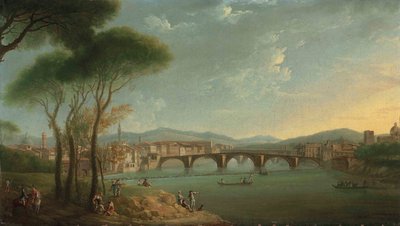 Vista del Arno, Florencia, desde los Jardines Cascine, con figuras pescando y descansando en las rocas en primer plano, el Ponte alla Carità y el Ponte Vecchio al fondo de Thomas Patch