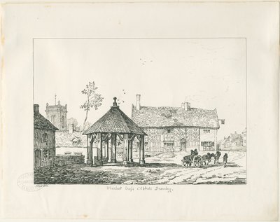 Abbots Bromley - Cruz del mercado Tudor y casa: dibujo a pluma y tinta de Thomas Peploe Wood