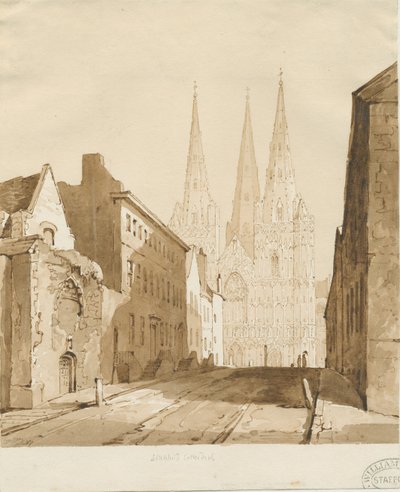 Catedral de Lichfield: dibujo en sepia roja de Thomas Peploe Wood