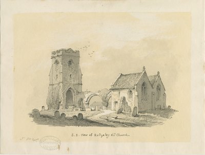Iglesia de Rugeley (Antigua): dibujo en sepia sobre papel tintado, nd [?1839] de Thomas Peploe Wood