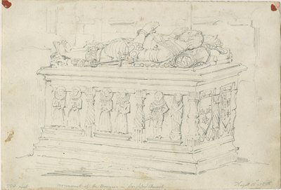 Iglesia de Seighford - Tumba de William y Mercy Bowyer: dibujo a lápiz de Thomas Peploe Wood