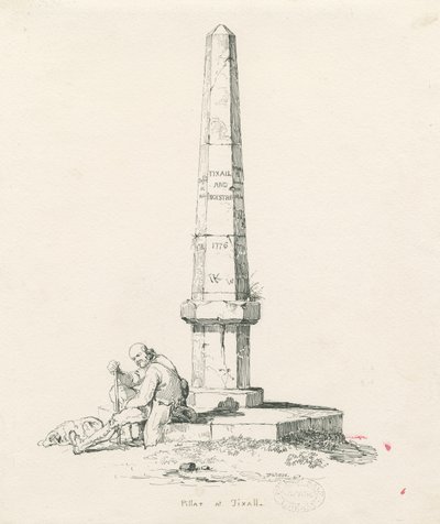 Tixall - Pilar mostrando distancias: dibujo a pluma y tinta de Thomas Peploe Wood