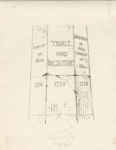 Tixall - Pilar de piedra mostrando distancias: dibujo a pluma y tinta, nd [mediados del siglo XIX] de Thomas Peploe Wood
