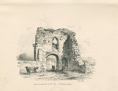 Castillo de Tutbury - Puerta de John de Gaunt: dibujo a pluma y tinta, 1839 de Thomas Peploe Wood