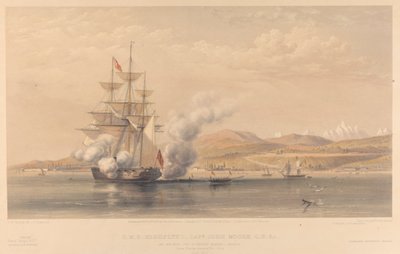 H.M.S. Highflyer Captn John Moore C.B. c. fondeado frente a Soukoum Kaleh-Abasia, Omar Pasha abandonando el barco, octubre de 1855. de Thomas Picken