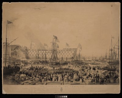 La botadura del Trafalgar, en presencia de Su Graciosa Majestad la Reina Victoria y Su Alteza Real el Príncipe Alberto, en H.M.Dock Yard, Woolwich... de Thomas Picken