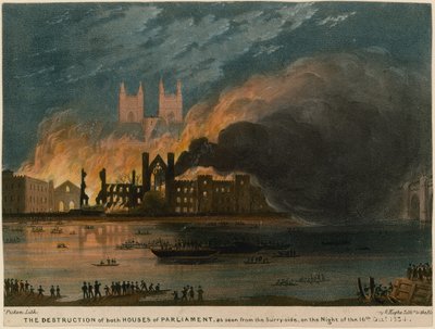 La destrucción de ambas Casas del Parlamento vista desde el lado de Surrey de Thomas Picken