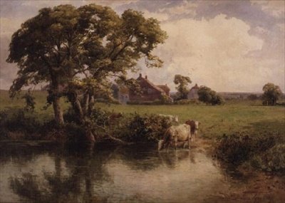 Ganado bebiendo cerca de una granja de Thomas Pyne