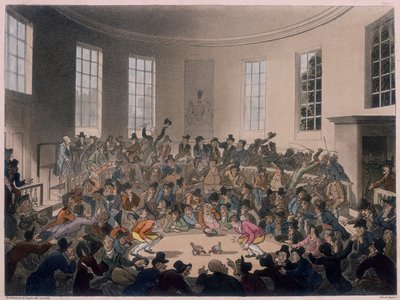 Hombres viendo una pelea de gallos, finales del siglo XVIII-principios del siglo XIX de Thomas Rowlandson, Augustus Charles Pugin